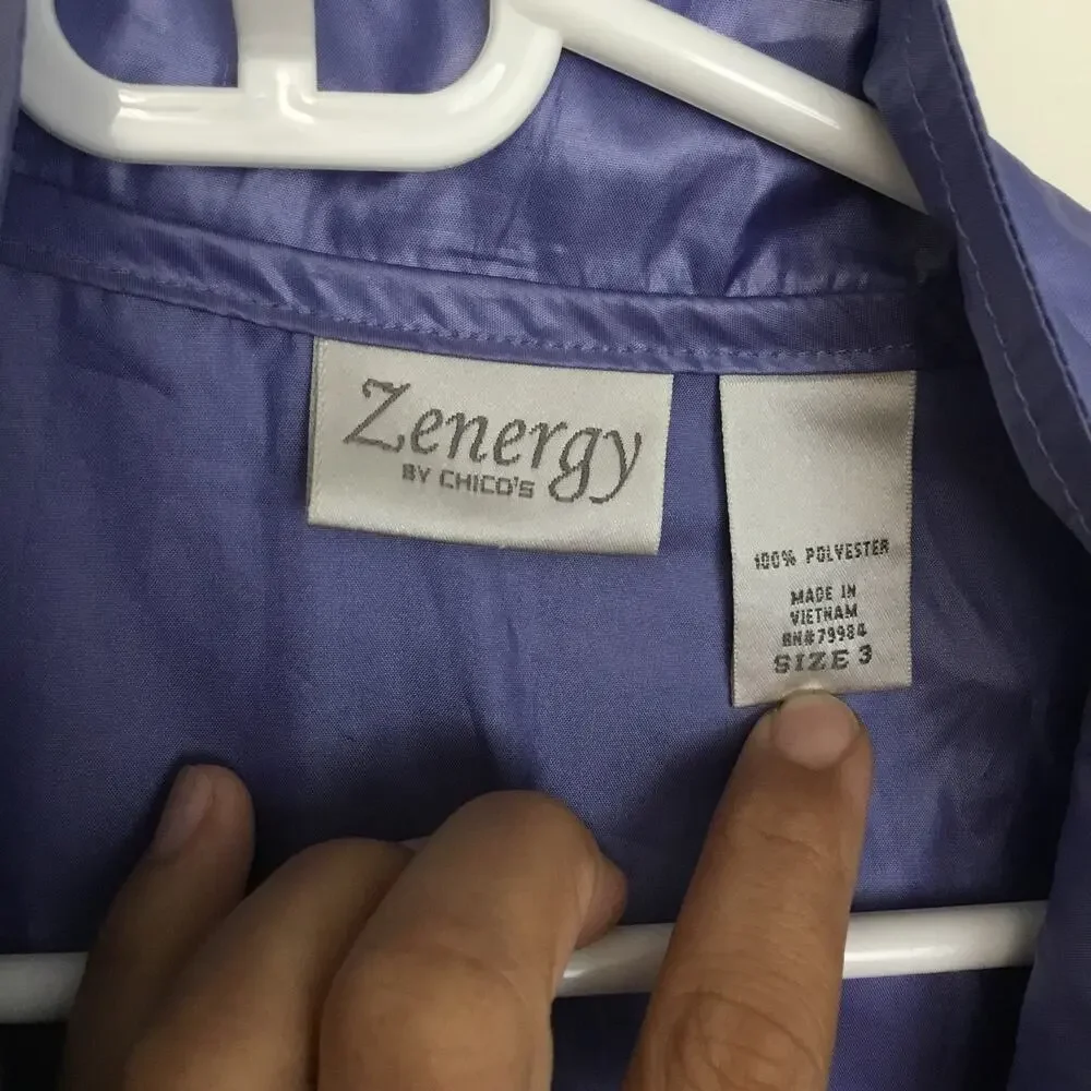 Chico's Zenergy Frosted Purple Shiny Windbreaker Zip Front Jacket Sz 3 (L)